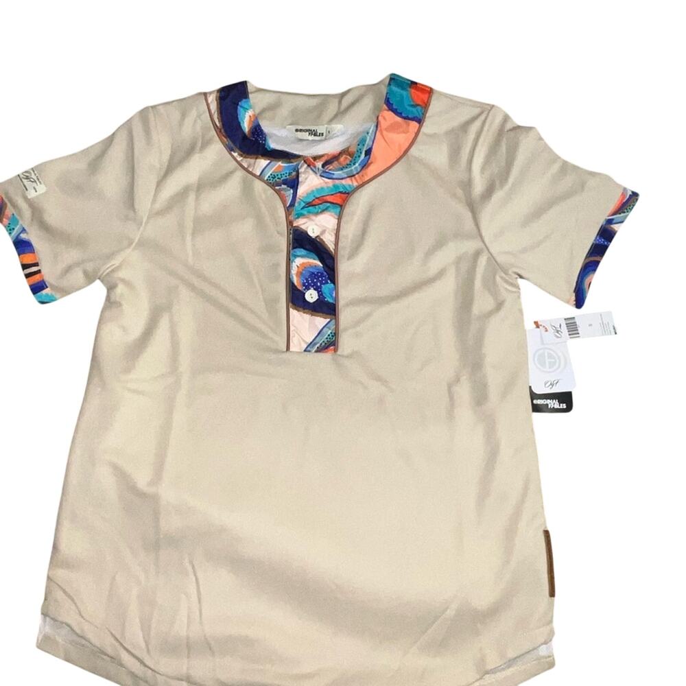 Original Fables Cream Henley Shirt Printed Collar Streetwear Men's NWT Small